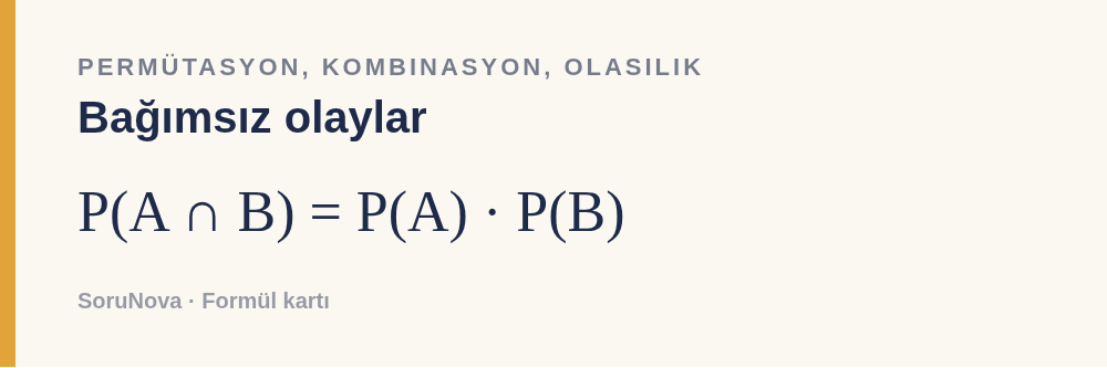 Bağımsız olaylar: P(A ∩ B) = P(A) · P(B)