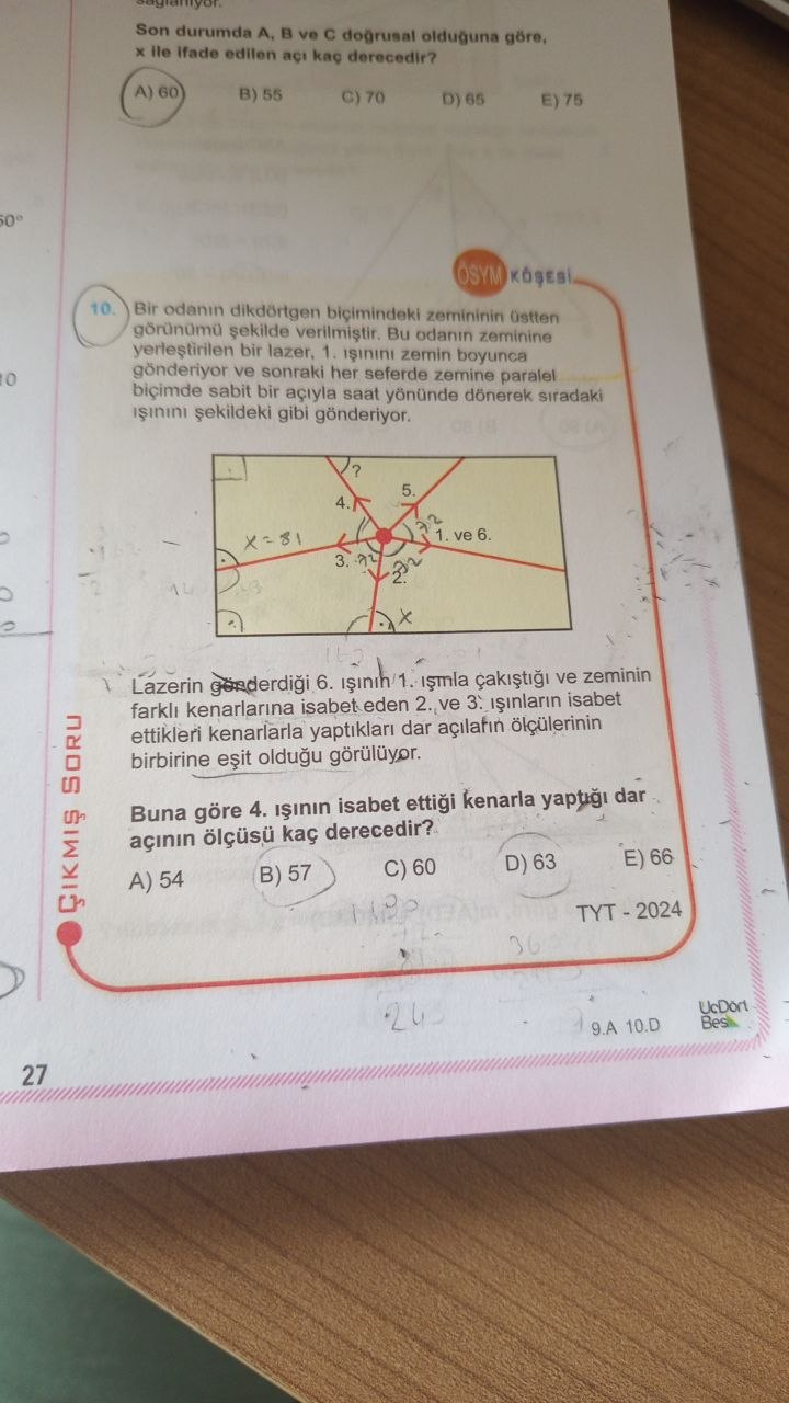 TYT 2024 Geometri Işın Açısı Sorusu Çözümü görseli