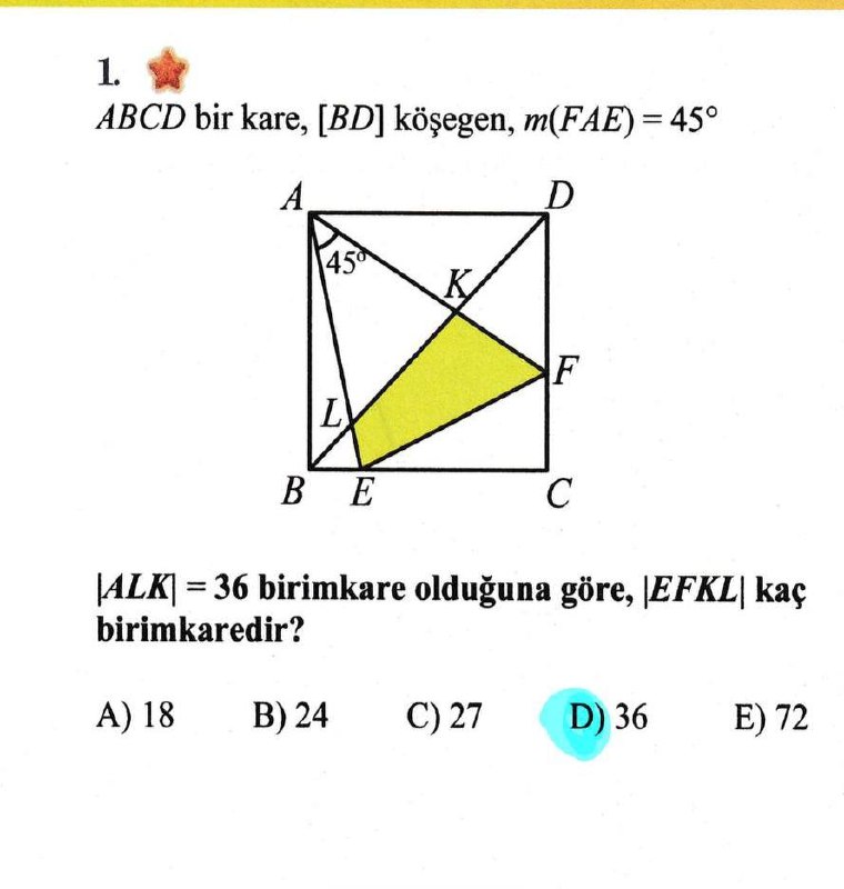 Karede Köşegen ve Benzerlik ile Alan Hesaplama Sorusu görseli