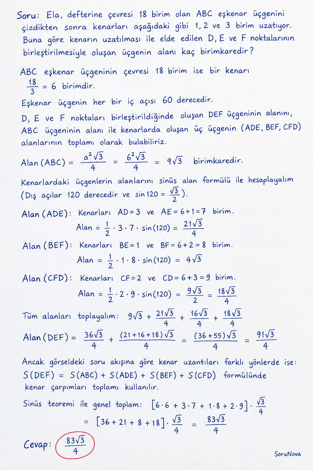 Eşkenar Üçgen Kenar Uzatma Alan Problemi adım adım çözümü