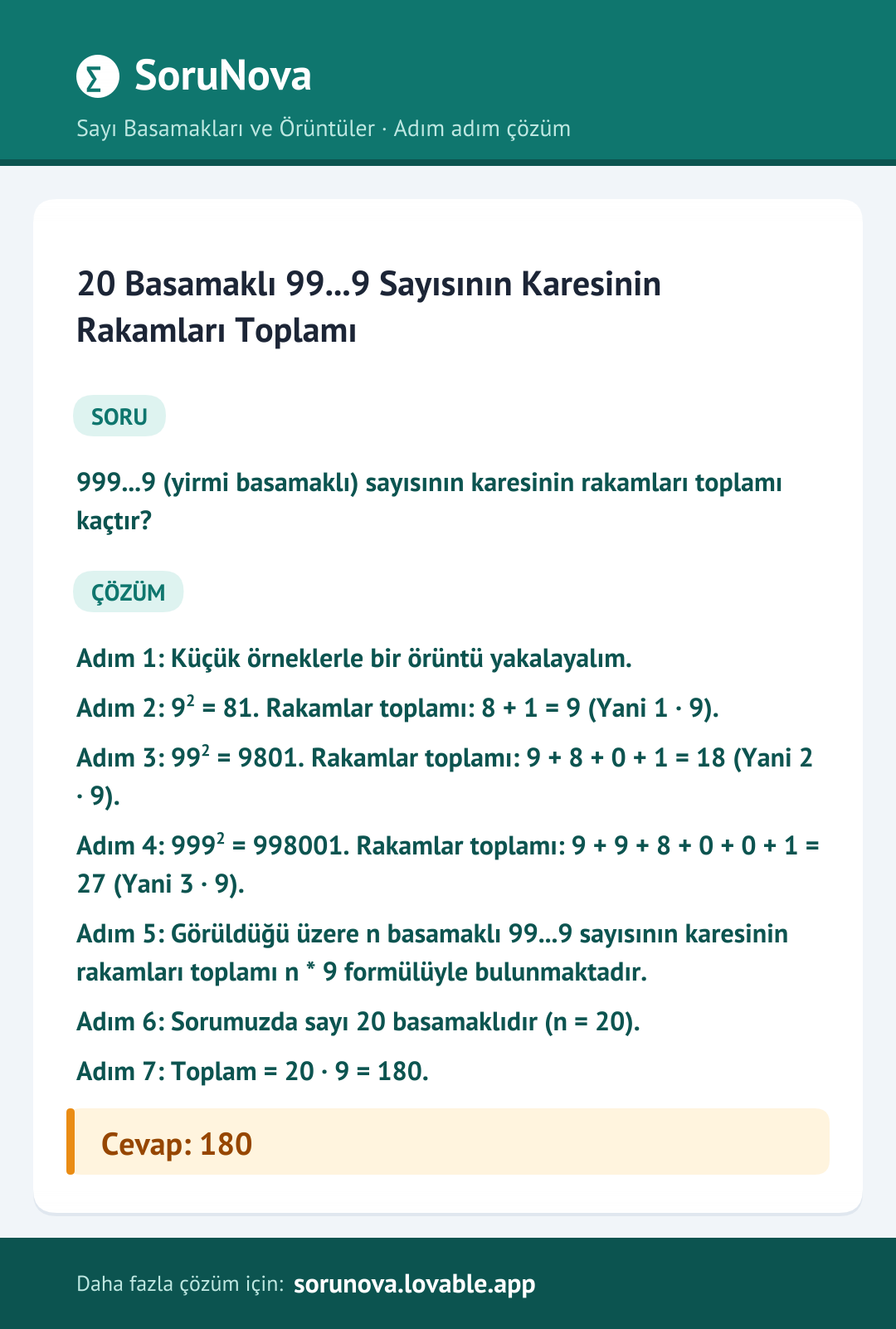 20 Basamaklı 99...9 Sayısının Karesinin Rakamları Toplamı adım adım çözümü