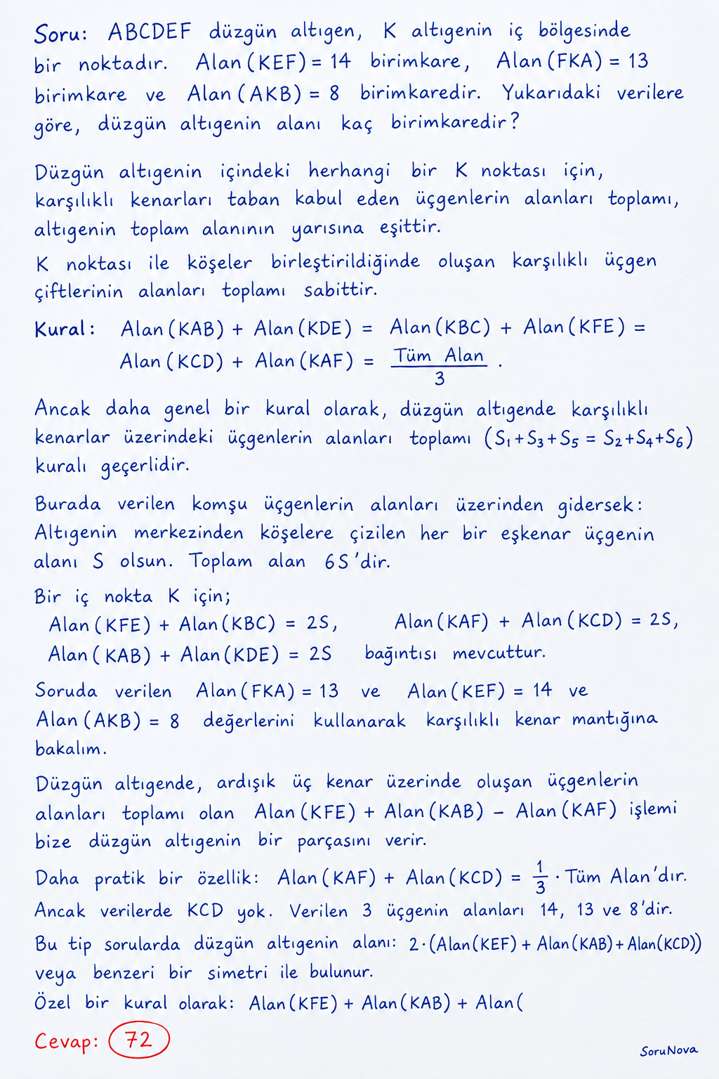 Düzgün Altıgen Alanı ve İç Bölge Üçgen İlişkisi adım adım çözümü