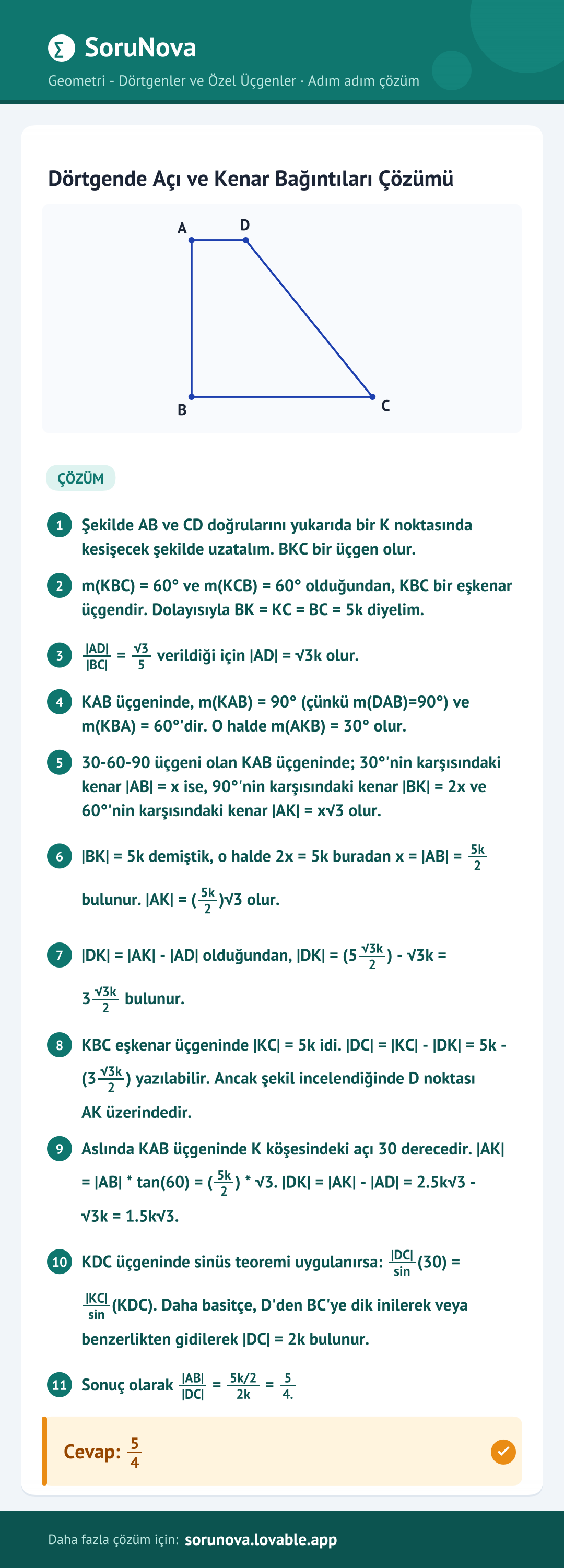 Dörtgende Açı ve Kenar Bağıntıları Çözümü adım adım çözümü