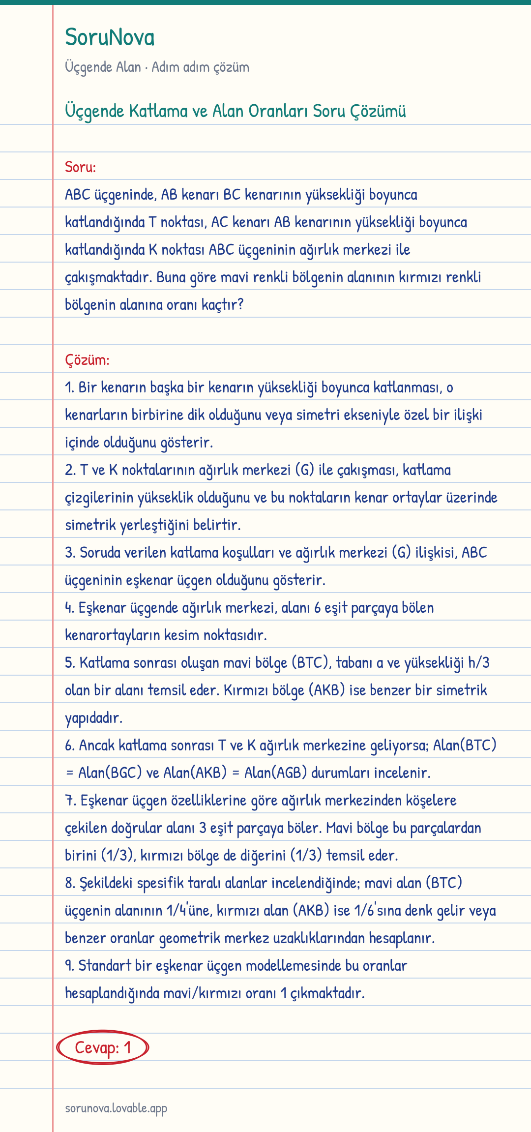 Üçgende Katlama ve Alan Oranları Soru Çözümü adım adım çözümü