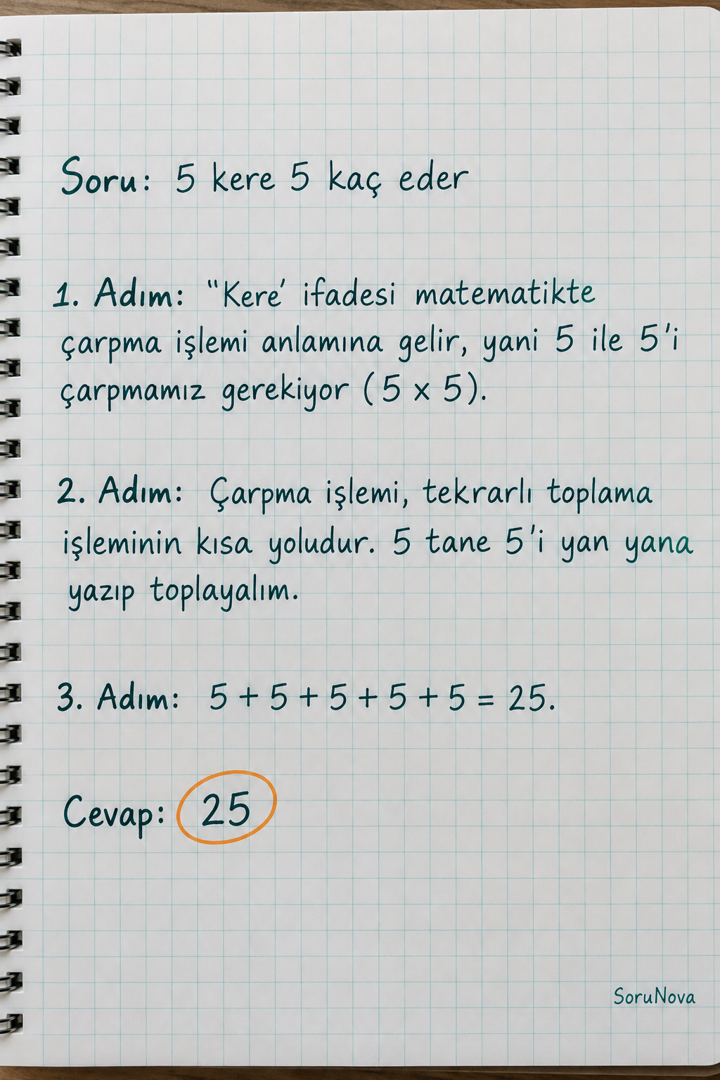 5 Kere 5 Kaç Eder? Çarpma İşlemi Çözümü adım adım çözümü